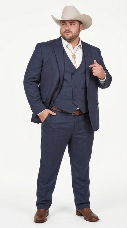 Men’s Navy Western Suit Blazer with Double Breasted Vest, Modern Cowboy Formal Outfit