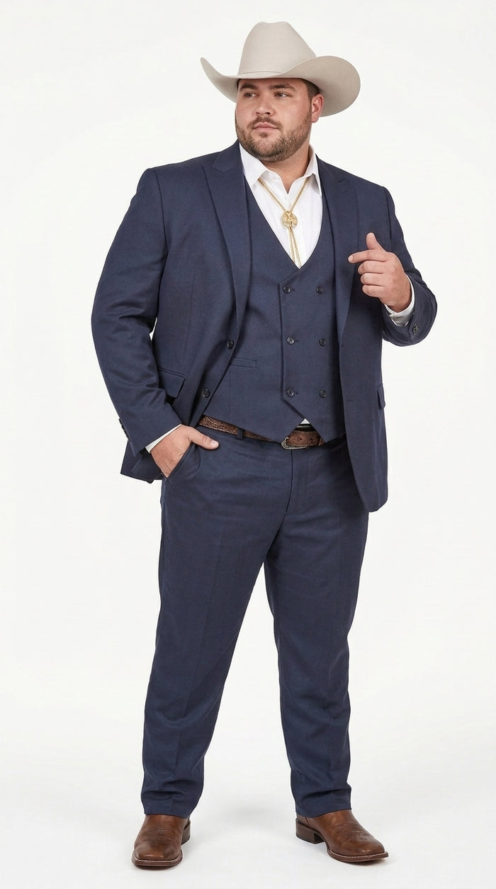 Men’s Navy Western Suit Blazer with Double Breasted Vest, Modern Cowboy Formal Outfit