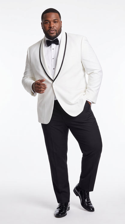 Men’s White and Black Trim Prom Tuxedo Suit, Shawl Collar Wedding Jacket with Pants and Vest