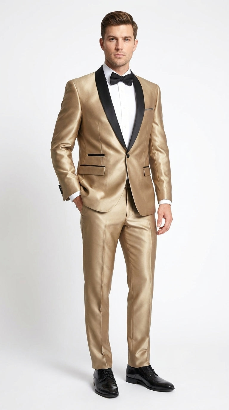 Men’s Champagne 2-Piece Tuxedo Suit with Black Shawl Lapel – Wedding & Prom