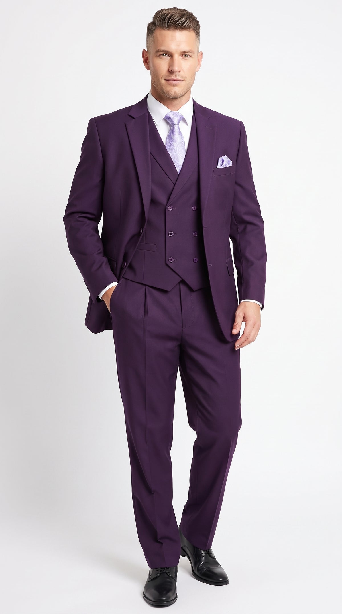 Men’s Purple Two Button Fashion Suit with Double Breasted Vest, Formal Wedding Prom Dress Suit
