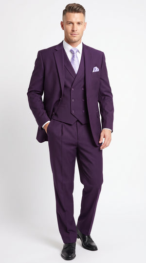 Men’s Purple Two Button Fashion Suit with Double Breasted Vest, Formal Wedding Prom Dress Suit