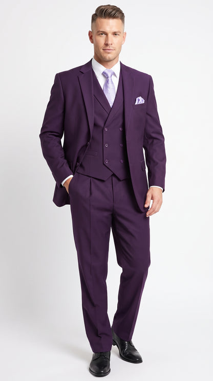 Men’s Purple Two Button Fashion Suit with Double Breasted Vest, Formal Wedding Prom Dress Suit