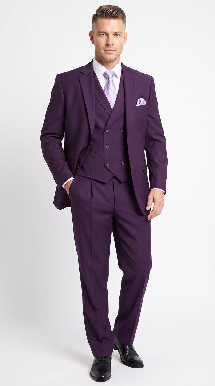 Men’s Purple Two Button Fashion Suit with Double Breasted Vest, Formal Wedding Prom Dress Suit