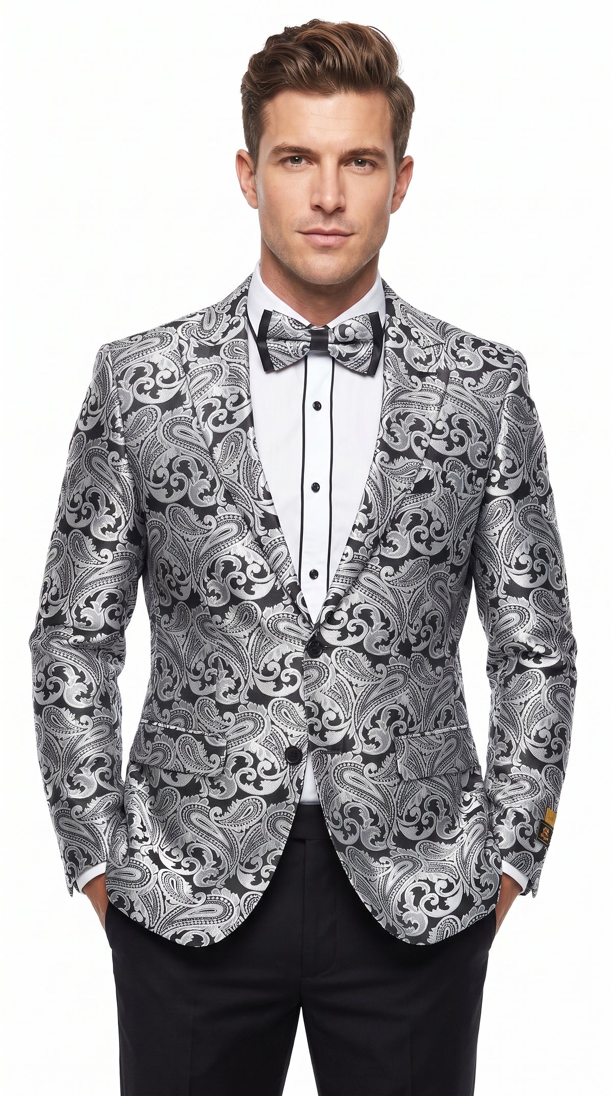 Men’s Silver Grey & Black Paisley Dinner Jacket – Formal Tuxedo Blazer