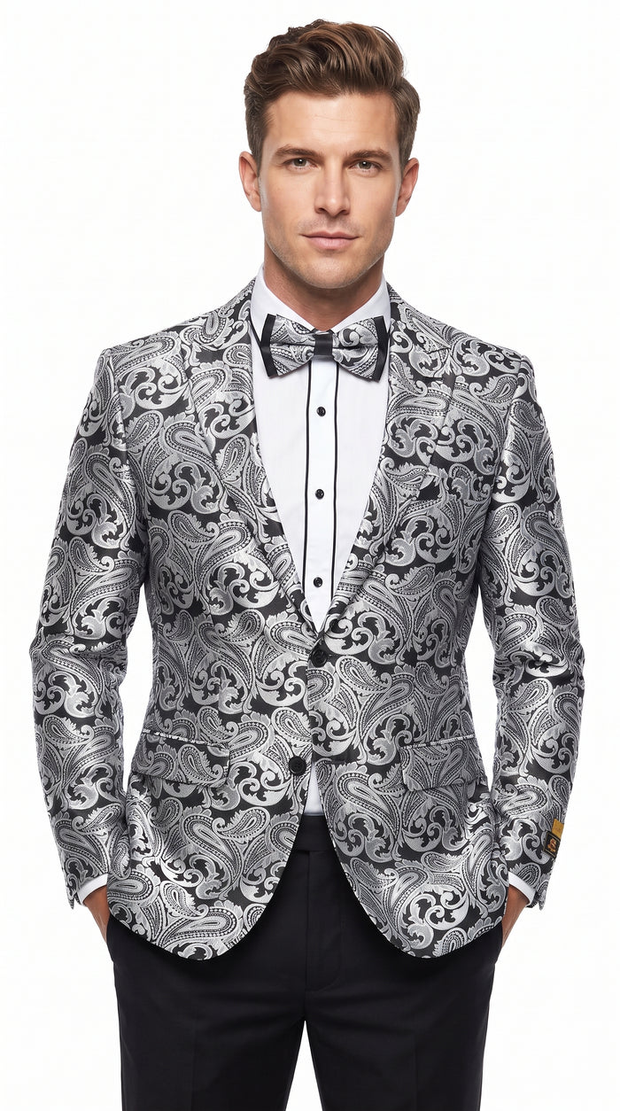 Men’s Silver Grey & Black Paisley Dinner Jacket – Formal Tuxedo Blazer