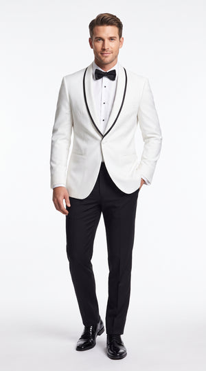 Men’s White and Black Trim Prom Tuxedo Suit, Shawl Collar Wedding Jacket with Pants and Vest