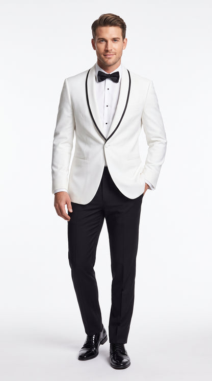 Men’s White and Black Trim Prom Tuxedo Suit, Shawl Collar Wedding Jacket with Pants and Vest