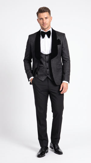 Rossi Man RM1446 Men’s Black Floral Jacquard 3 Piece Smoking Tuxedo Suit, Velvet Shawl Lapel Wedding Prom Suit