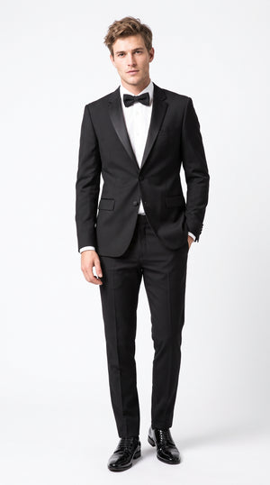 Men’s Black Wool Tuxedo Suit, 2 Button Modern Fit Formal Wedding Prom Tuxedo