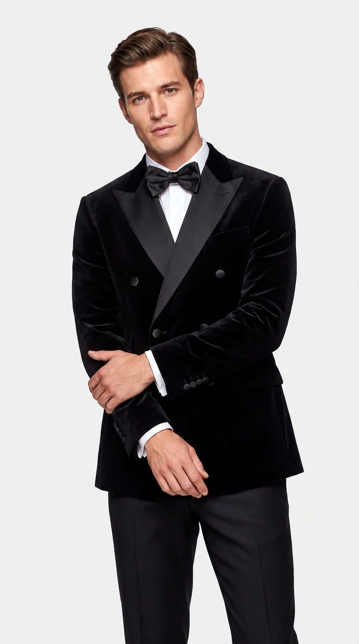 Men’s Black Velvet Double Breasted Tuxedo Blazer with Satin Peak Lapel, Formal Dinner Jacket