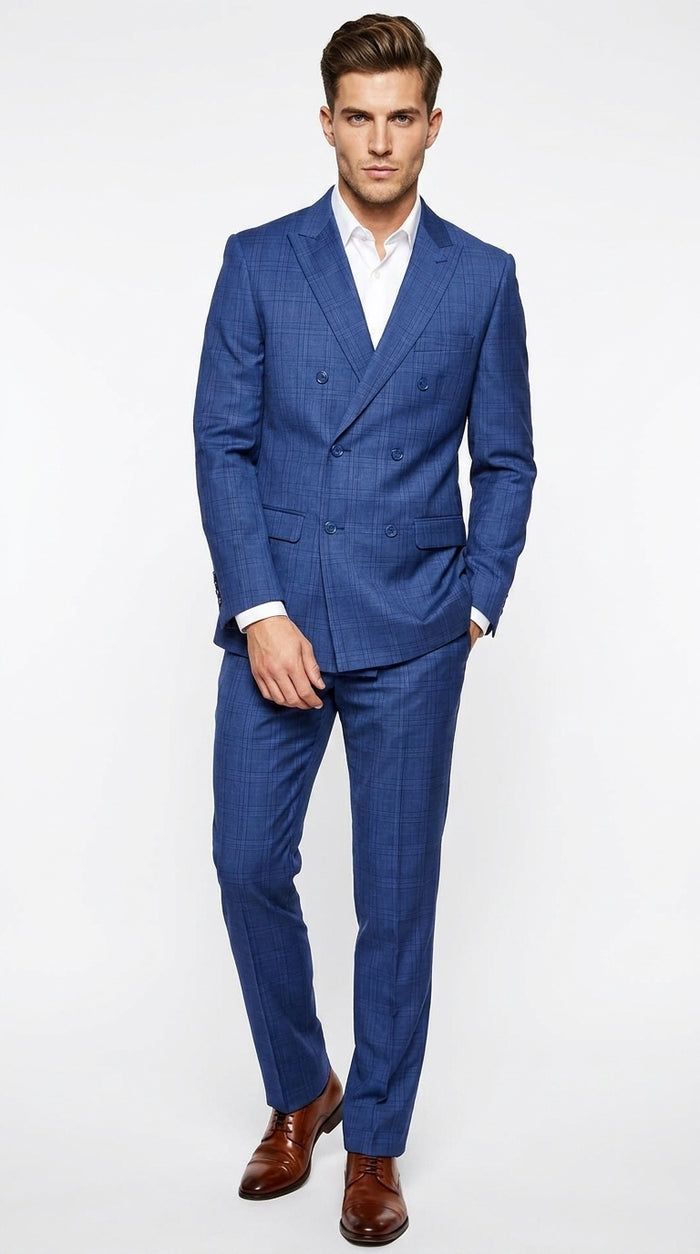 Men’s Royal Blue Plaid Double-Breasted Suit – 1920s Gangster Windowpane Wedding and Formal Suit