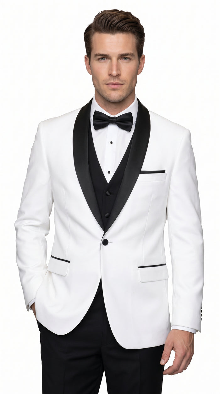 Men’s White and Black Shawl Lapel Dinner Jacket, 1 Button Wool Formal Tuxedo Blazer