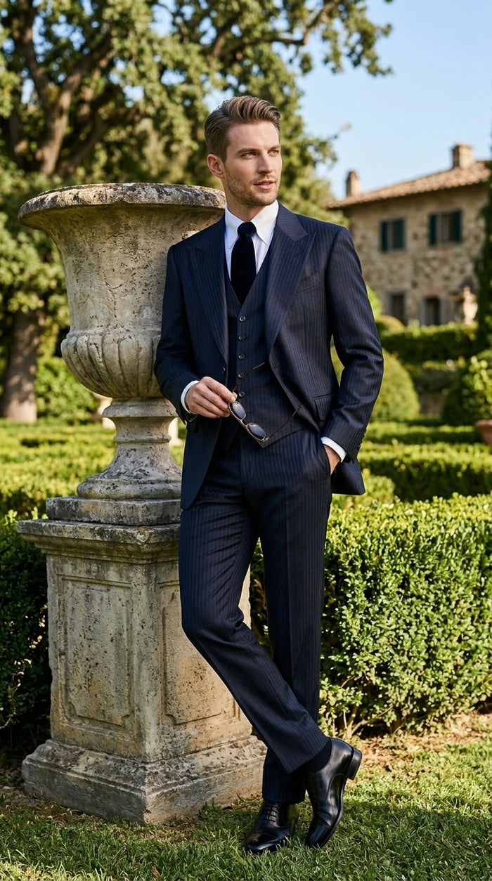 Men’s Navy Herringbone Textured 3 Piece Suit Set, Classic Formal Blazer, Waistcoat and Trouser Outfit