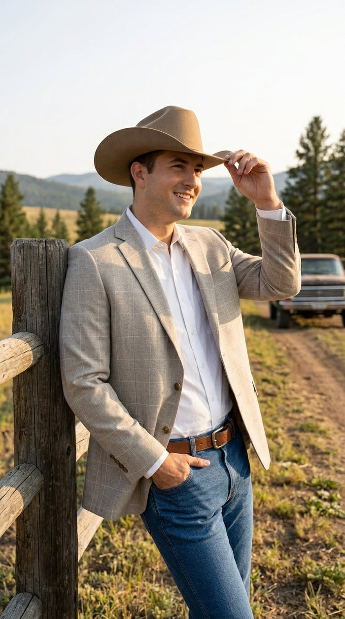 Men’s Light Tan Windowpane Plaid Western Blazer, Cowboy Sport Coat for Business Casual and Summer Events