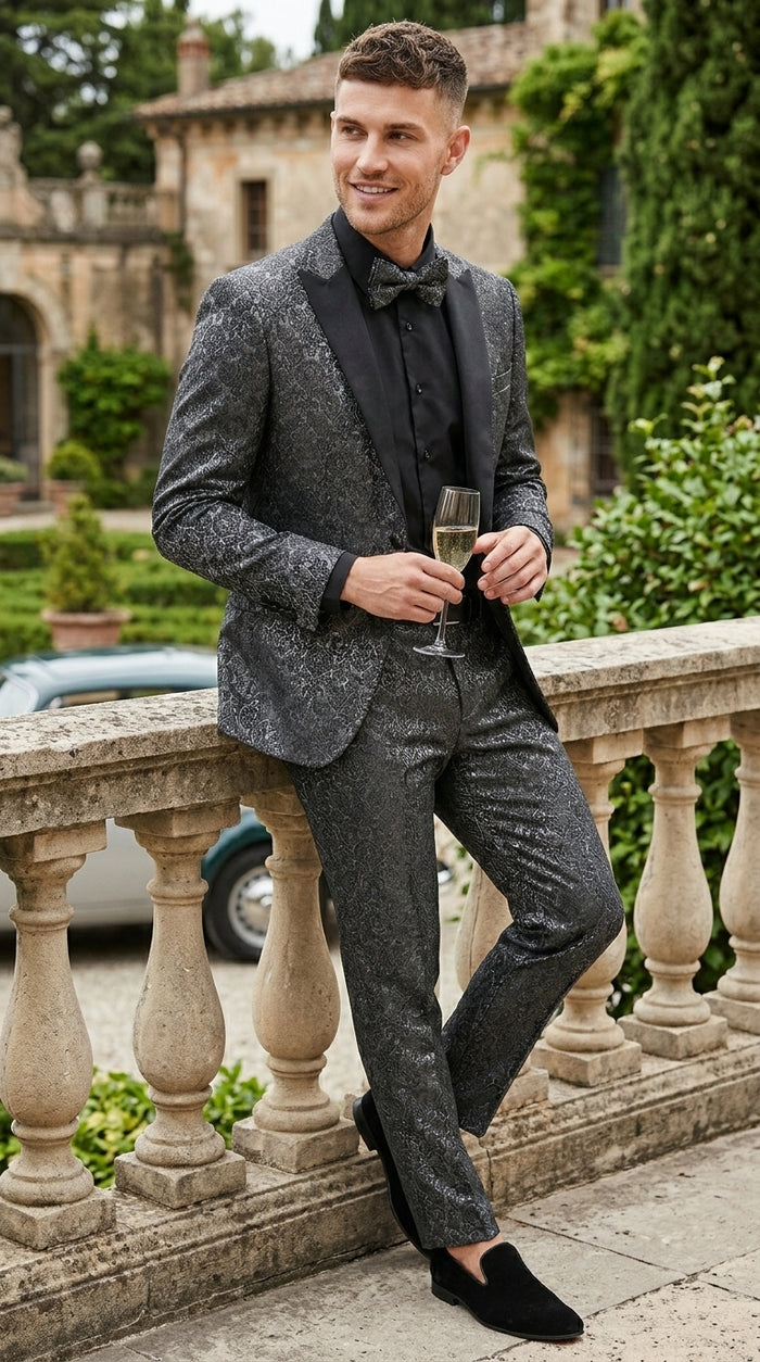 Men’s Black Patterned Tuxedo Suit, Wedding Prom Formal Dinner Suit with Satin Lapel
