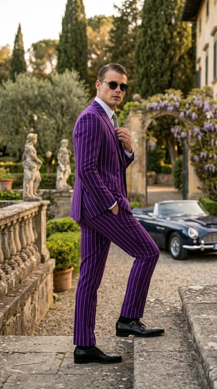 Men’s Purple Pinstripe 1920s Gangster Suit, Vintage Formal 3 Piece Wedding Prom Suit Set