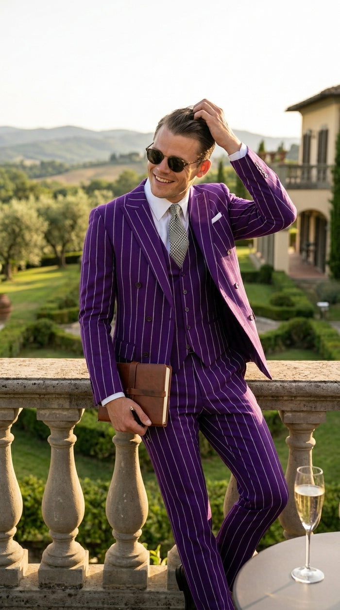 Men’s Purple Pinstripe 1920s Gangster Suit, Vintage Formal 3 Piece Wedding Prom Suit Set