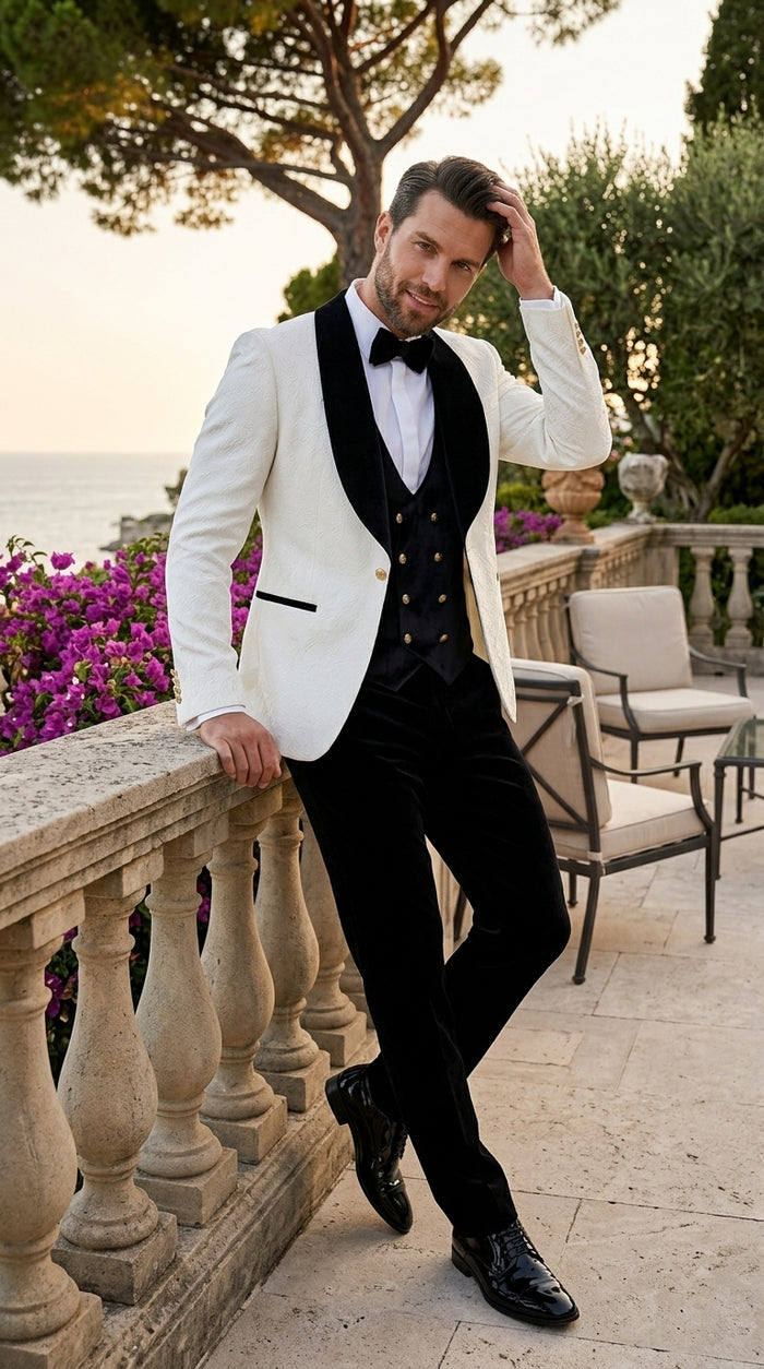 Men’s White Paisley 4 Piece Groom Wedding Suit with Black Velvet Shawl Collar and Matching Bowtie