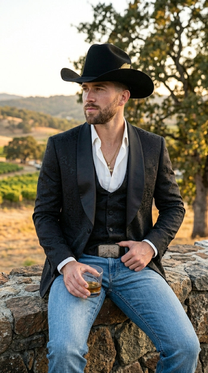 Men’s Black Paisley Jacquard Blazer with Satin Shawl Lapel, Western Formal Designer Jacket