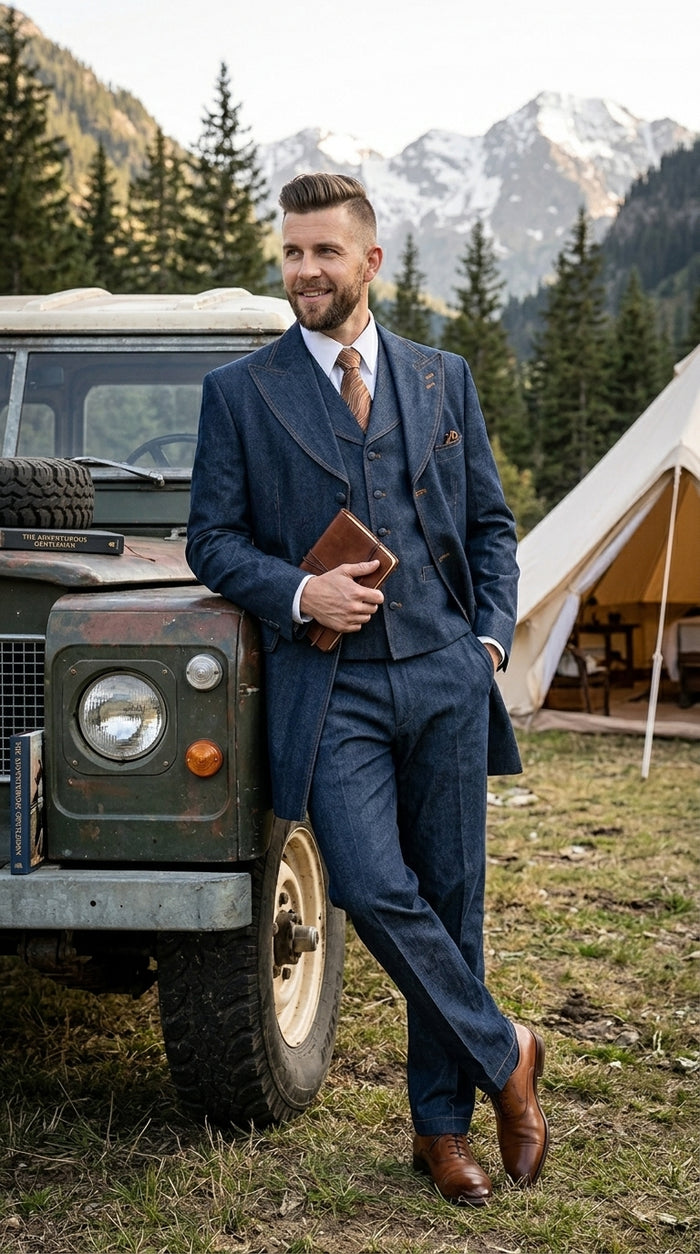 Men’s Blue Denim Zoot Suit, Long Vested Vintage Jeans Style Formal Suit Set