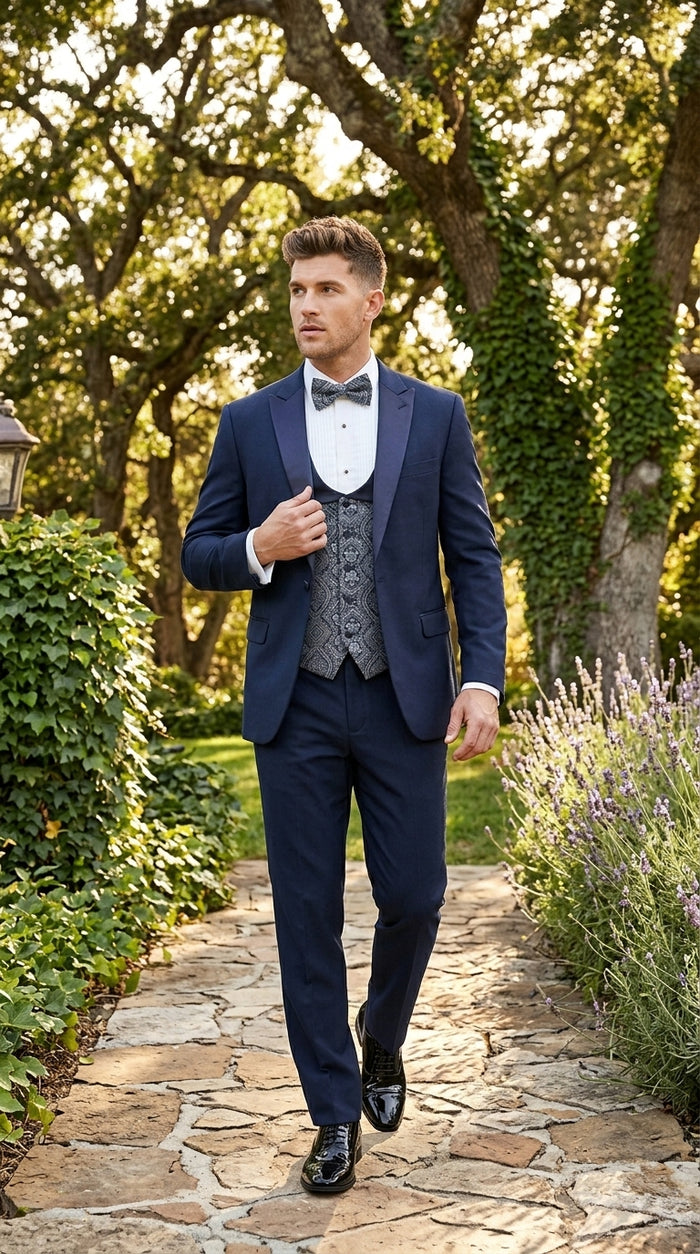 Men’s Indigo Blue One Button Shawl Tuxedo with Paisley Vest, Formal Wedding Prom Dinner Suit Set
