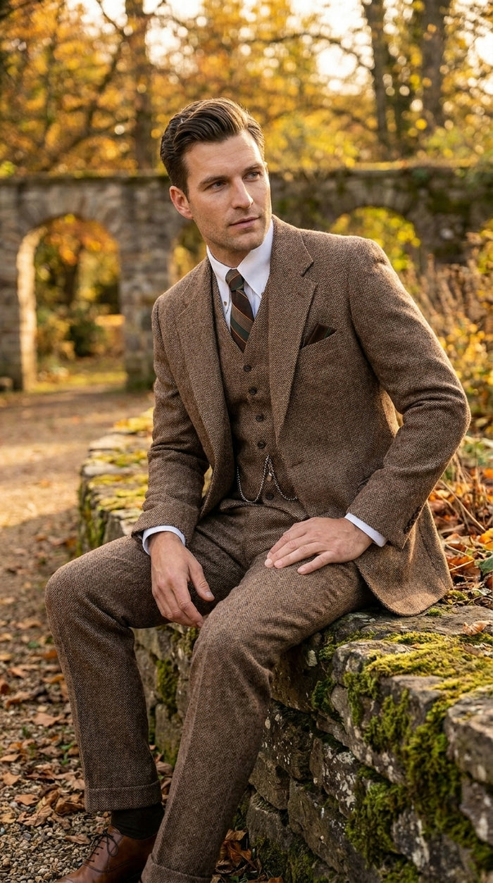 Men’s Light Brown Tweed Herringbone 3 Piece Great Gatsby Suit, Vested Vintage Wedding Formal Suit Set