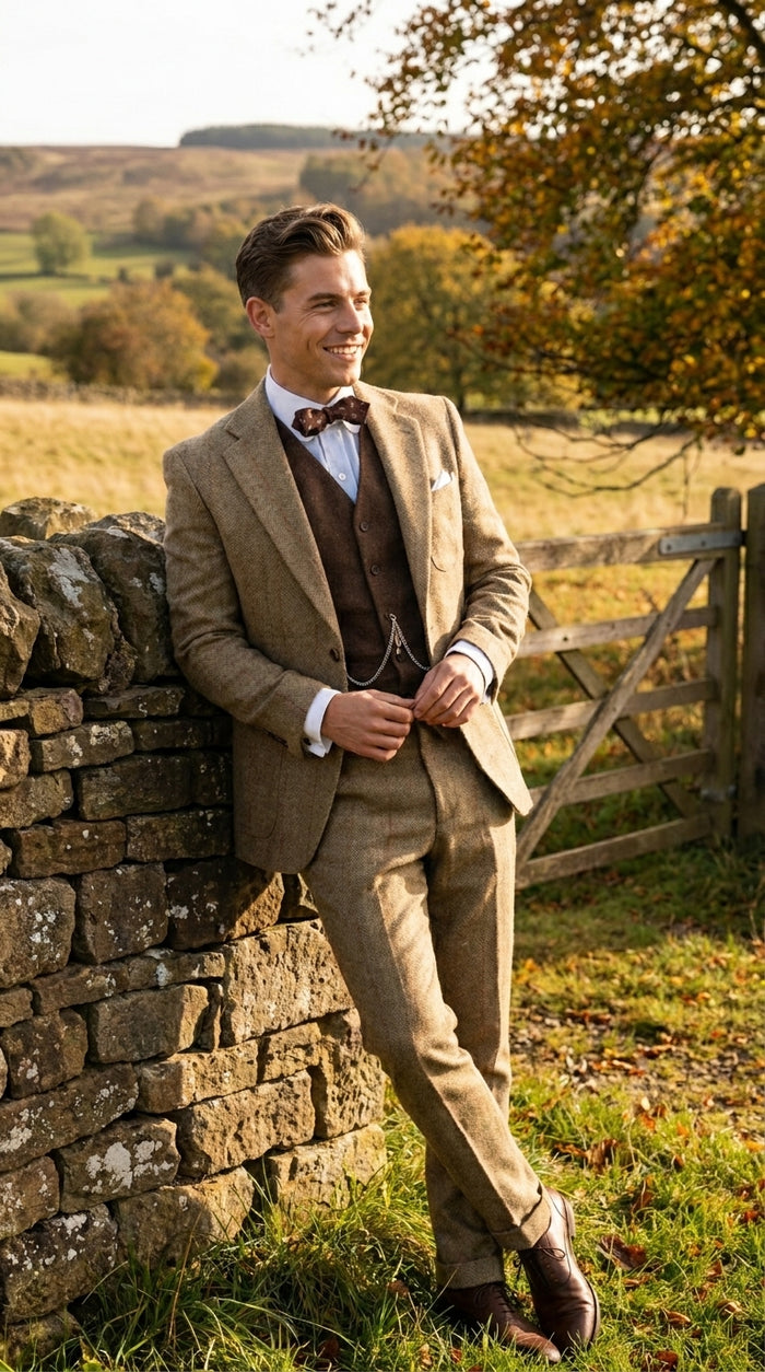 Men’s Taupe Great Gatsby Style 3 Piece Vested Suit, Vintage Wedding Prom Formal Suit Set