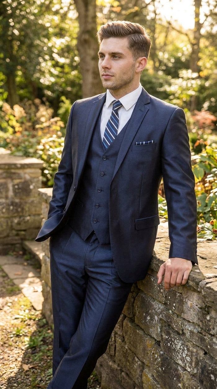 Men’s Navy Shiny Sharkskin Vested Suit, Tazio Formal Wedding Prom Dress Suit