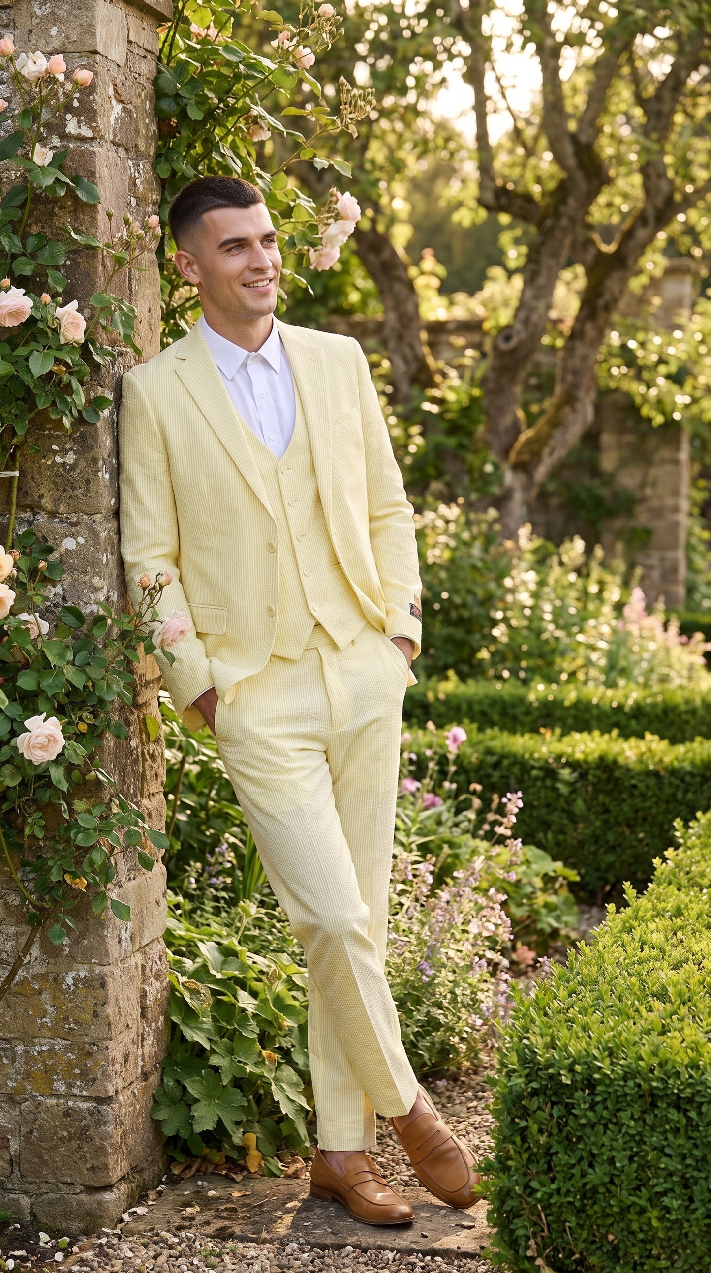 Men’s Yellow Pinstripe Seersucker Suit – 2 Piece Summer Suit Jacket and Pants