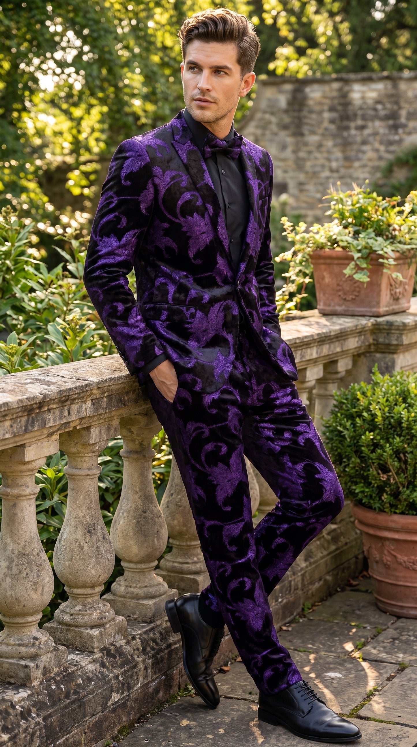 Men’s Purple and Black Paisley Tuxedo Suit – Mardi Gras Dinner Jacket with Matching Pants