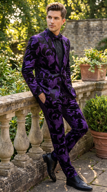 Men’s Purple and Black Paisley Tuxedo Suit – Mardi Gras Dinner Jacket with Matching Pants