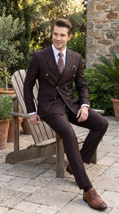 Men’s Brown Double Breasted Suit with Gold Buttons, Designer Formal Wedding Business Suit