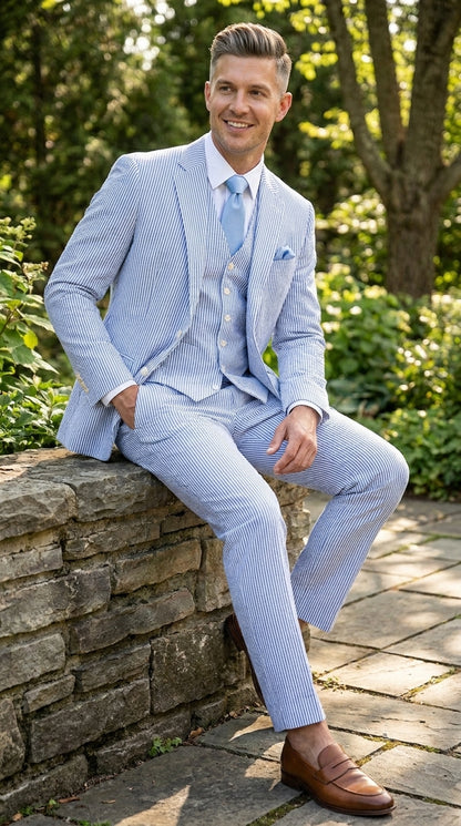 Men’s Light Blue Seersucker Jacket + Pants Suit with 2 Button Jacket, Summer Wedding Formal Dress Suit