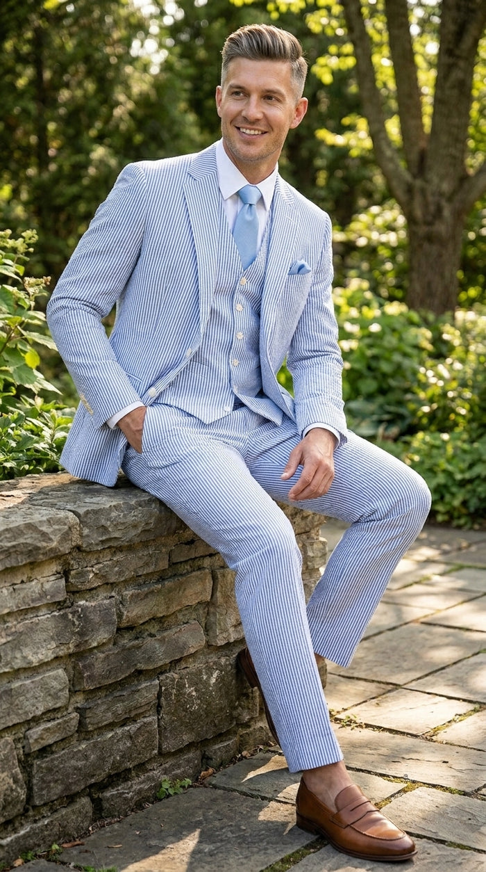 Men’s Light Blue Seersucker Jacket + Pants Suit with 2 Button Jacket, Summer Wedding Formal Dress Suit