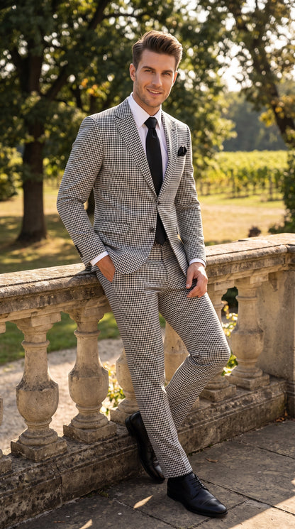 Rossi Man MAX RM1710 Men’s Black and White Houndstooth 3 Piece Suit, Modern Formal Dress Suit