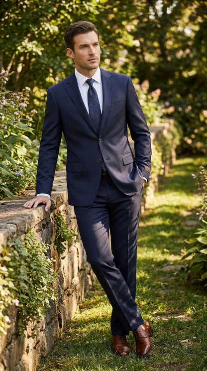 Tiglio Novello Men’s Navy Italian Wool Suit, Super 150s Modern Fit Formal Dress Suit