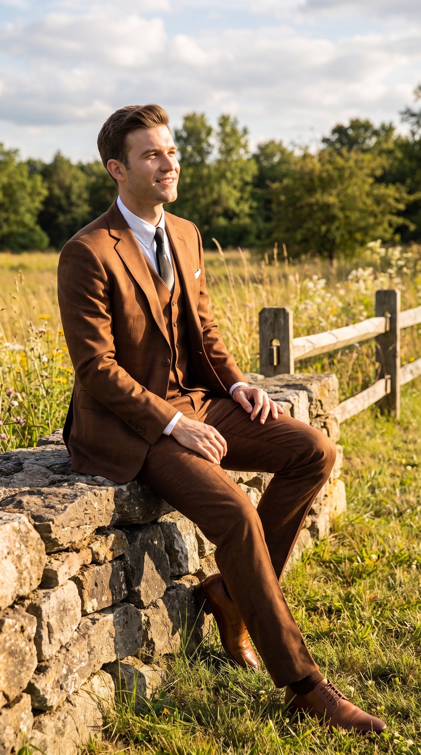 Men’s Cognac Ryan Gosling La La Land Inspired Vested Suit, 3 Piece Formal Wedding Prom Suit
