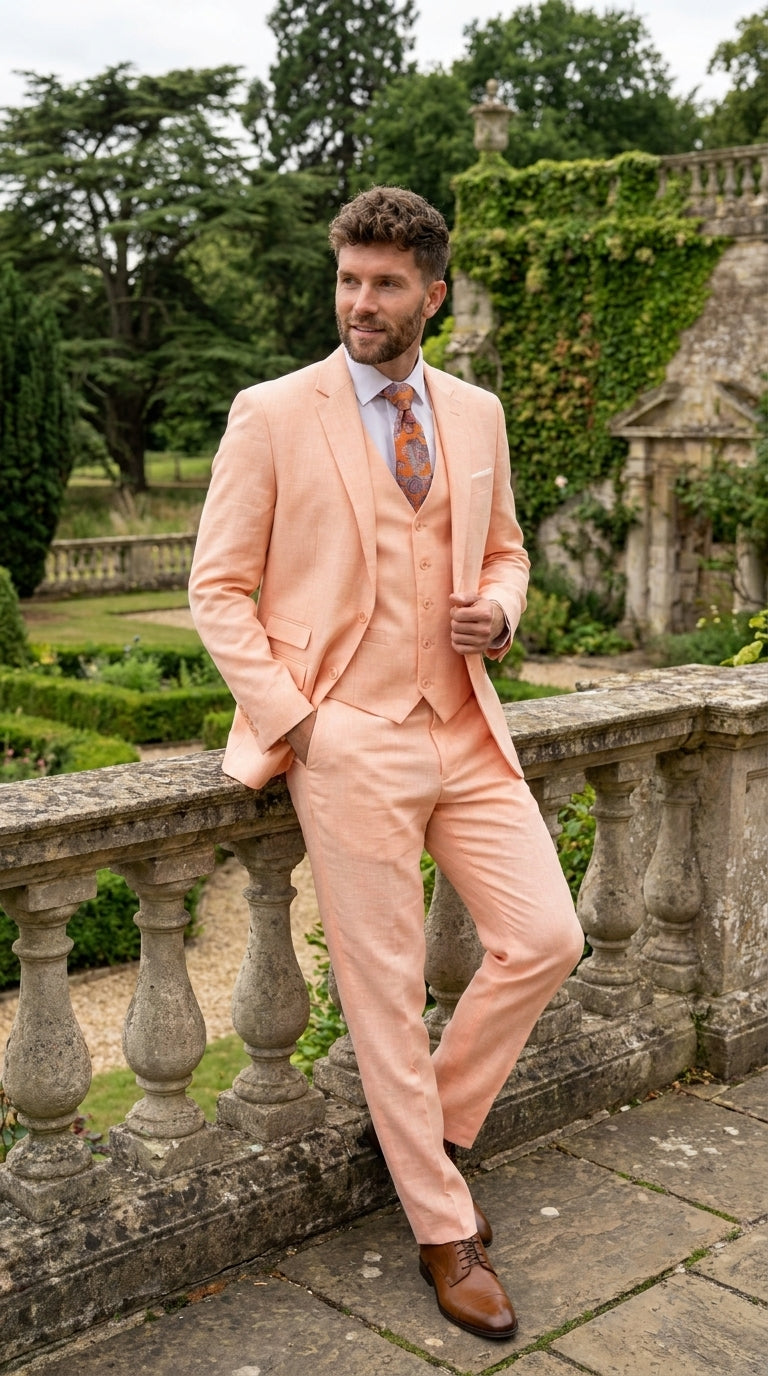 Statement Men's Peach 3 Piece Suit – Light Orange Blush Modern Fit Wedding & Summer Suit with Ticket Pocket