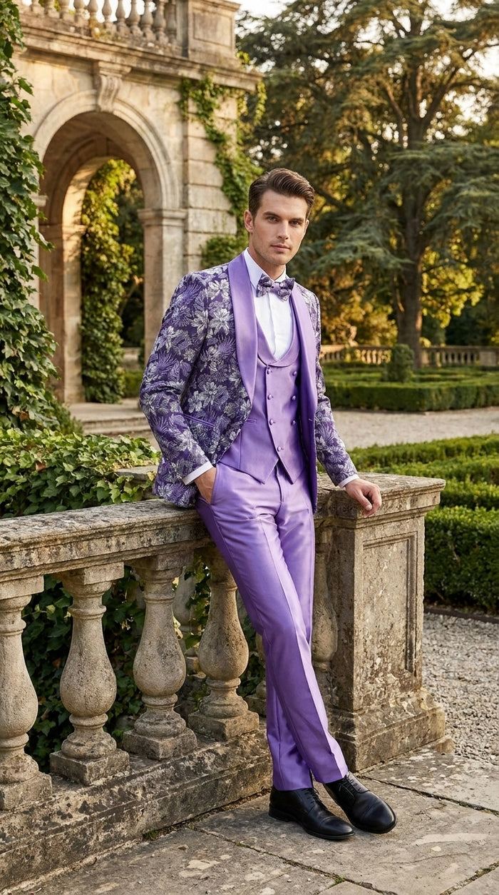 Men’s Purple Floral Prom Tuxedo – Shawl Lapel 3-Piece Wedding and Formal Suit