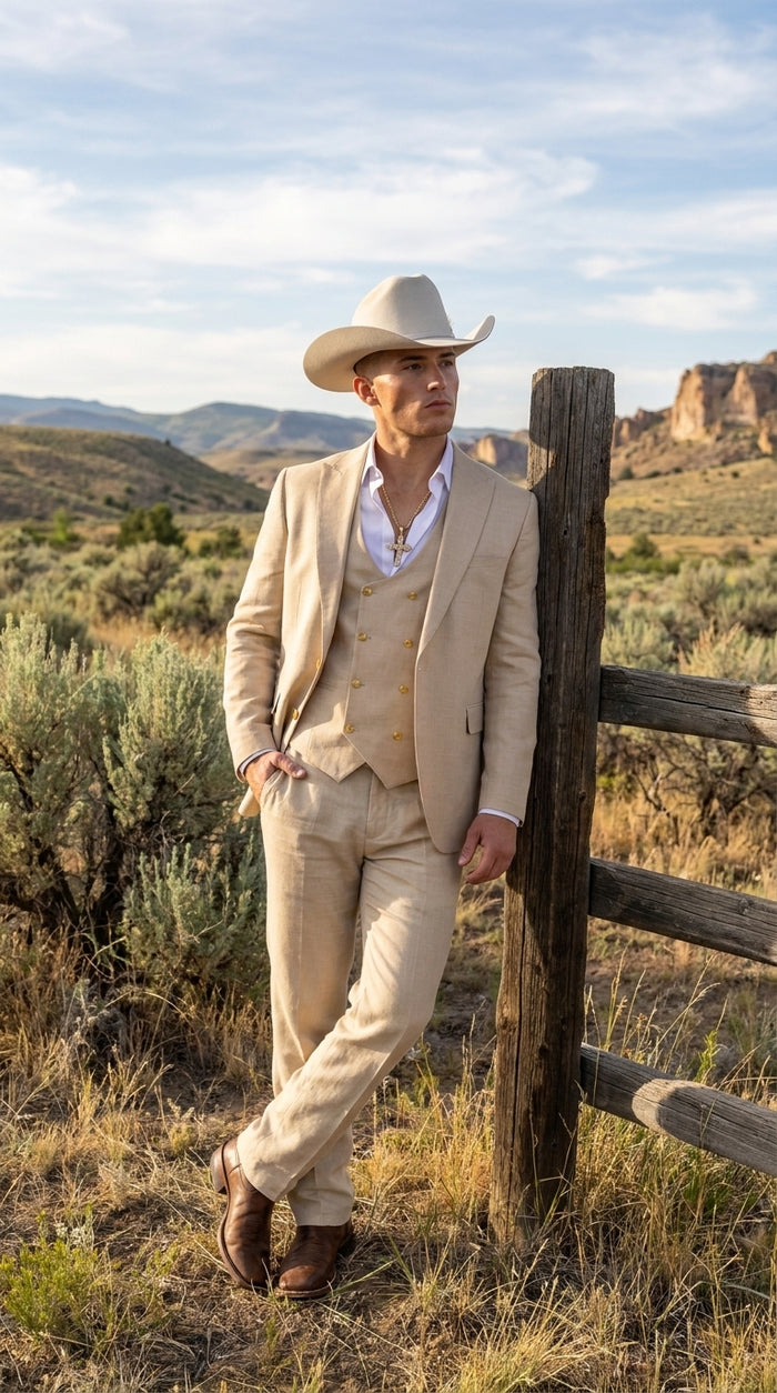 Men’s Light Beige 3-Piece Suit – Peak Lapel Jacket, Double-Breasted Vest and Matching Pants