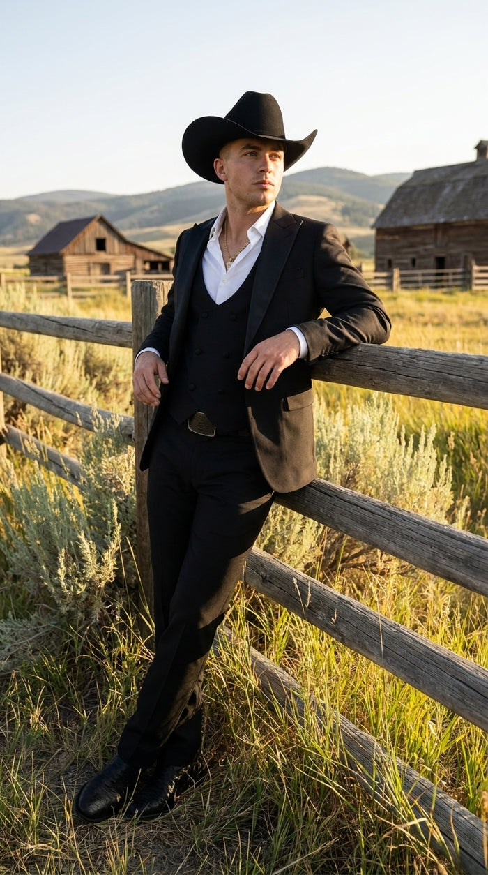 Men’s Black Western Tuxedo Suit – Satin Shawl Lapel Jacket with Double-Breasted Vest and Pants