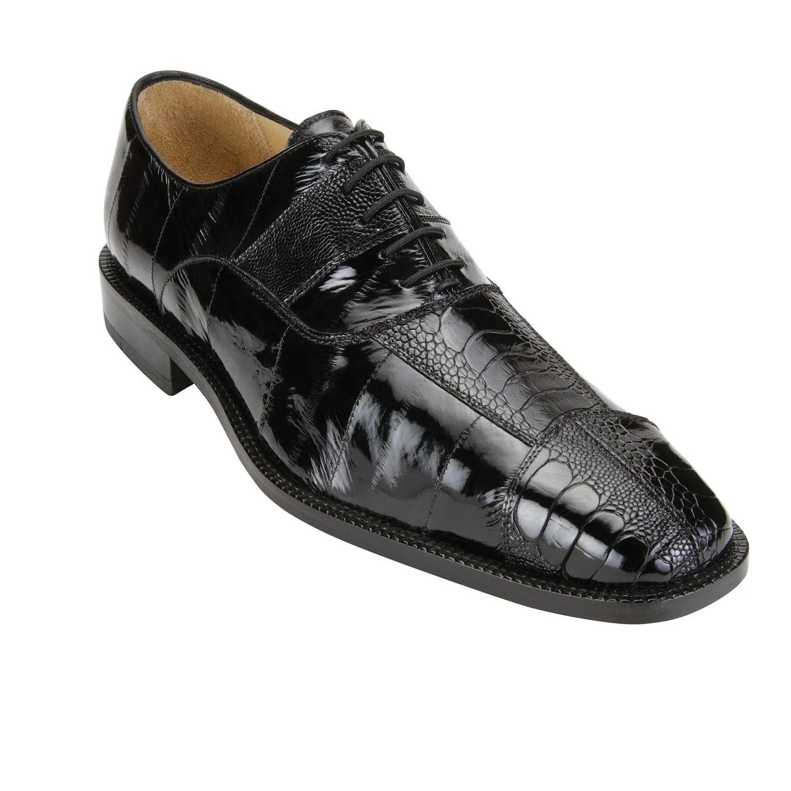 Belvedere Mare Eel & Ostrich Cap Toe Dress Shoe – Black