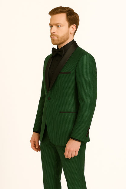 Men's Emerald Green Shiny Tuxedo with Black Satin Lapel and Matching Bow Tie  Ultra Slim Fit