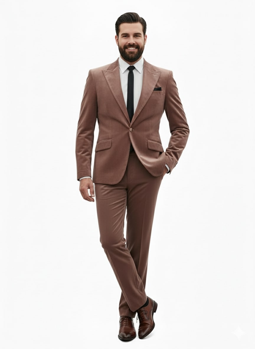 Mens Mauve Velvet Suit  2 Piece Ultra Slim Fit Blazer and Pants Formal Set in Light Brown Tuxedo