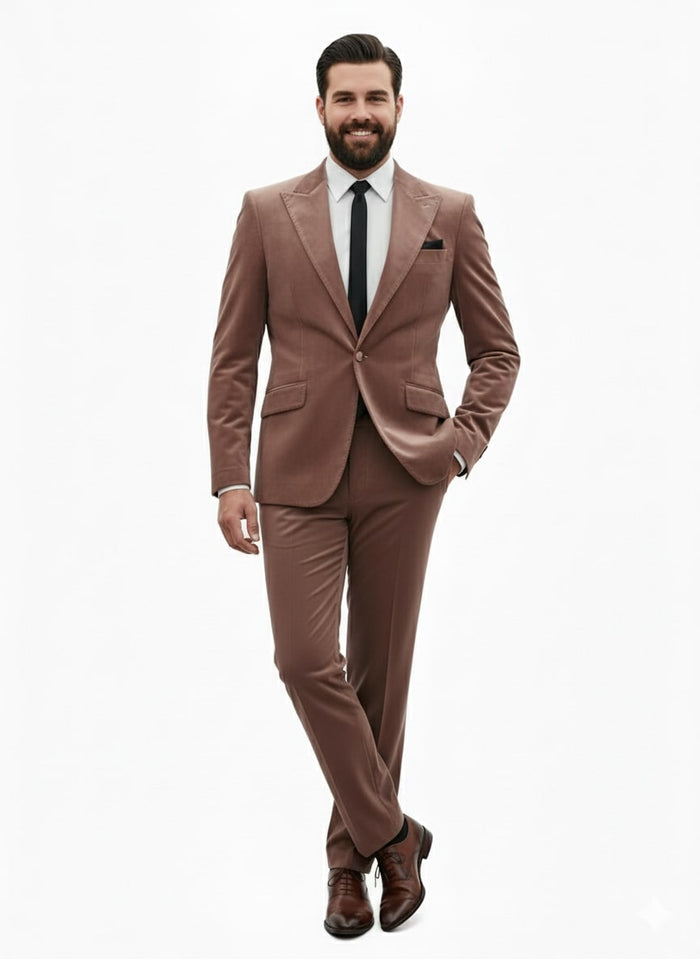 Mens Mauve Velvet Suit  2 Piece Ultra Slim Fit Blazer and Pants Formal Set in Light Brown Tuxedo