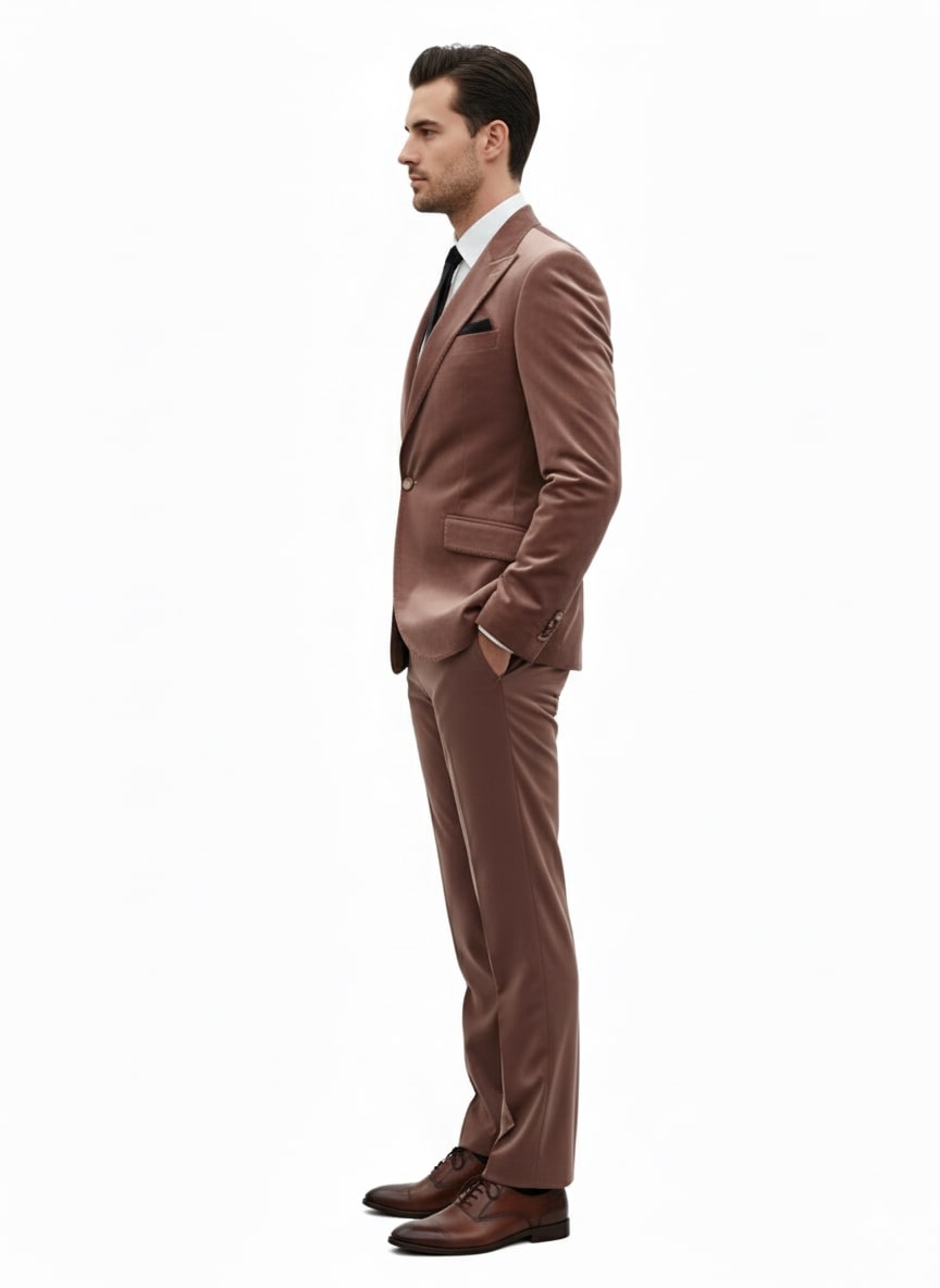 Mens Mauve Velvet Suit  2 Piece Ultra Slim Fit Blazer and Pants Formal Set in Light Brown Tuxedo