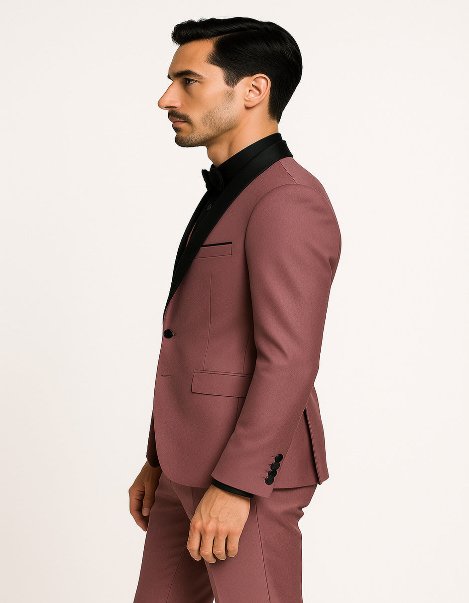 Men's Mauve Pink Tuxedo Suit  3-Piece Slim Fit with Black Satin Shawl Lapel
