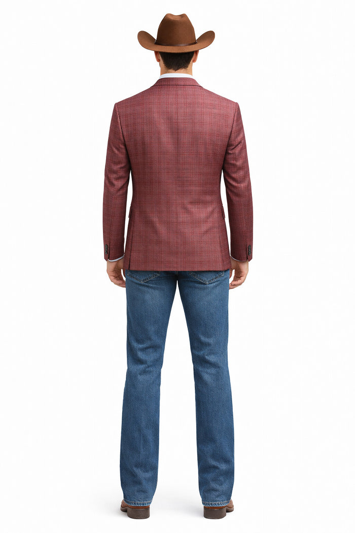 Saco vaquero - Western Sport Coat - Western Blazer  - Men's Two Button Regular Fit Windowpane Mauve Plaid Sport Coat Blazer