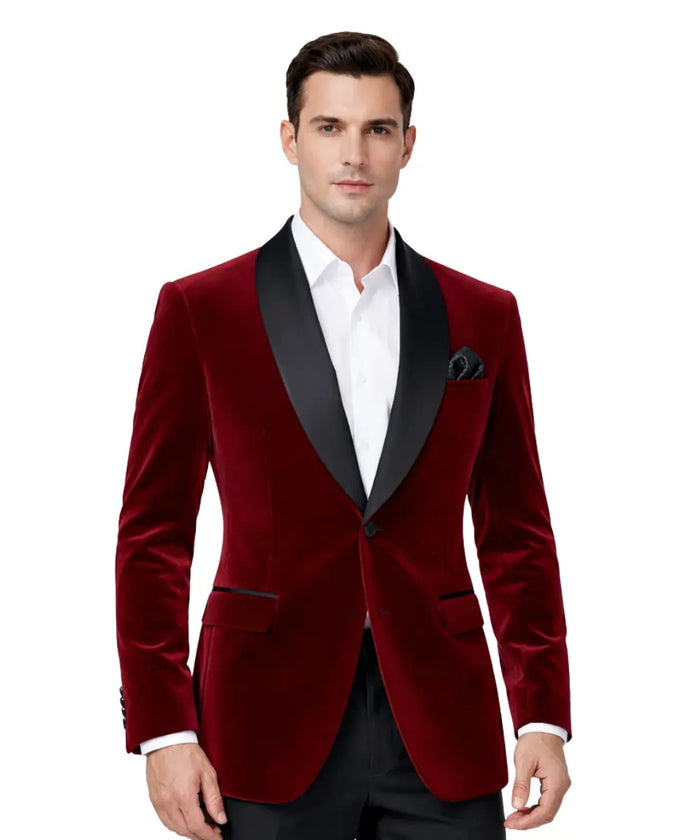 Men’s Maroon Velvet Blazer with Shawl Collar – Luxury Evening & Wedding Jacket